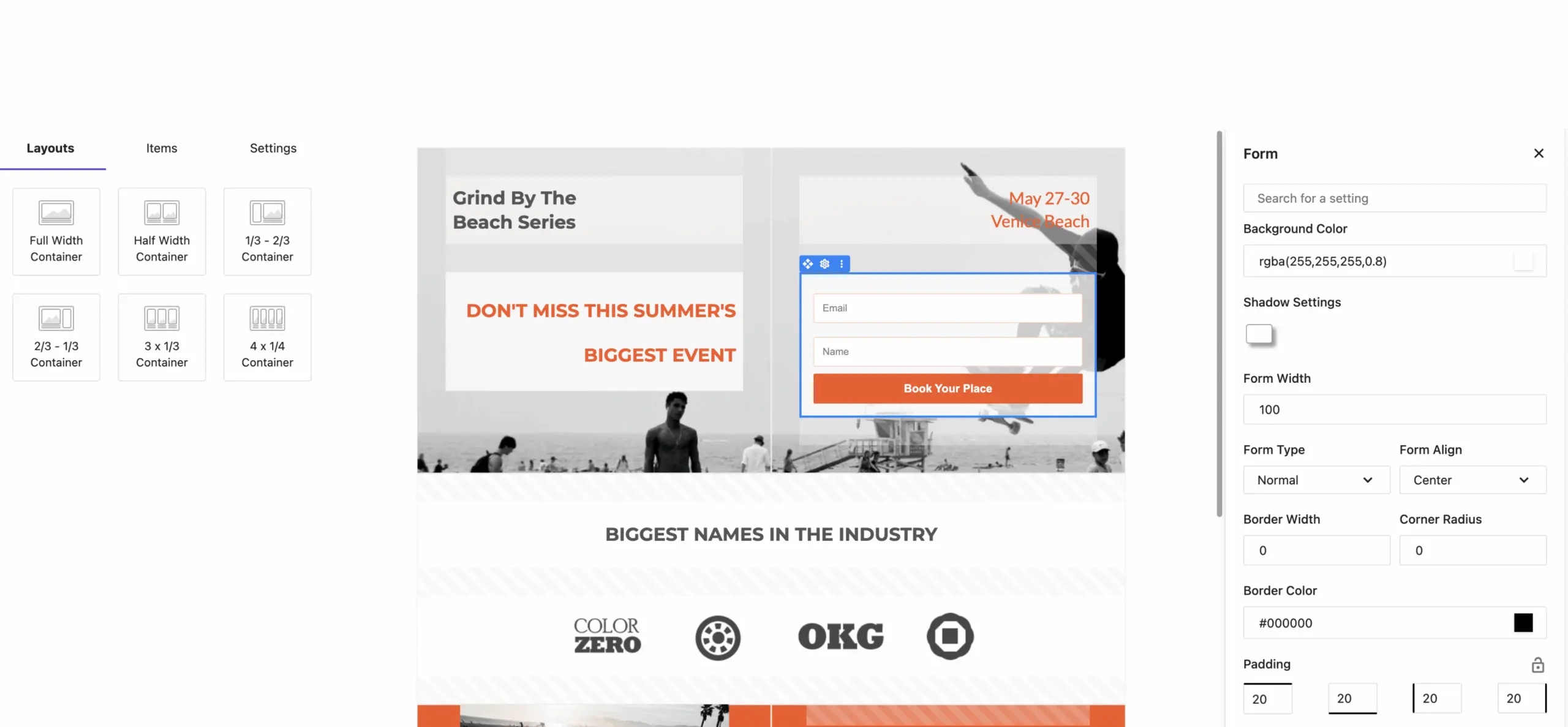 Moosend landing page builder with layout containers, form settings, and drag-and-drop editing interface