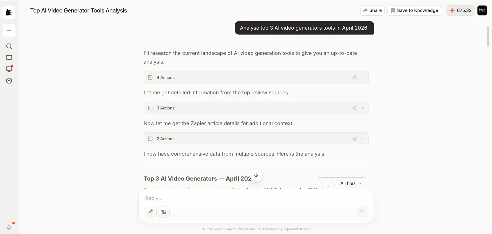 MuleRun AI agent running a multi-step research analysis with action counters and live progress