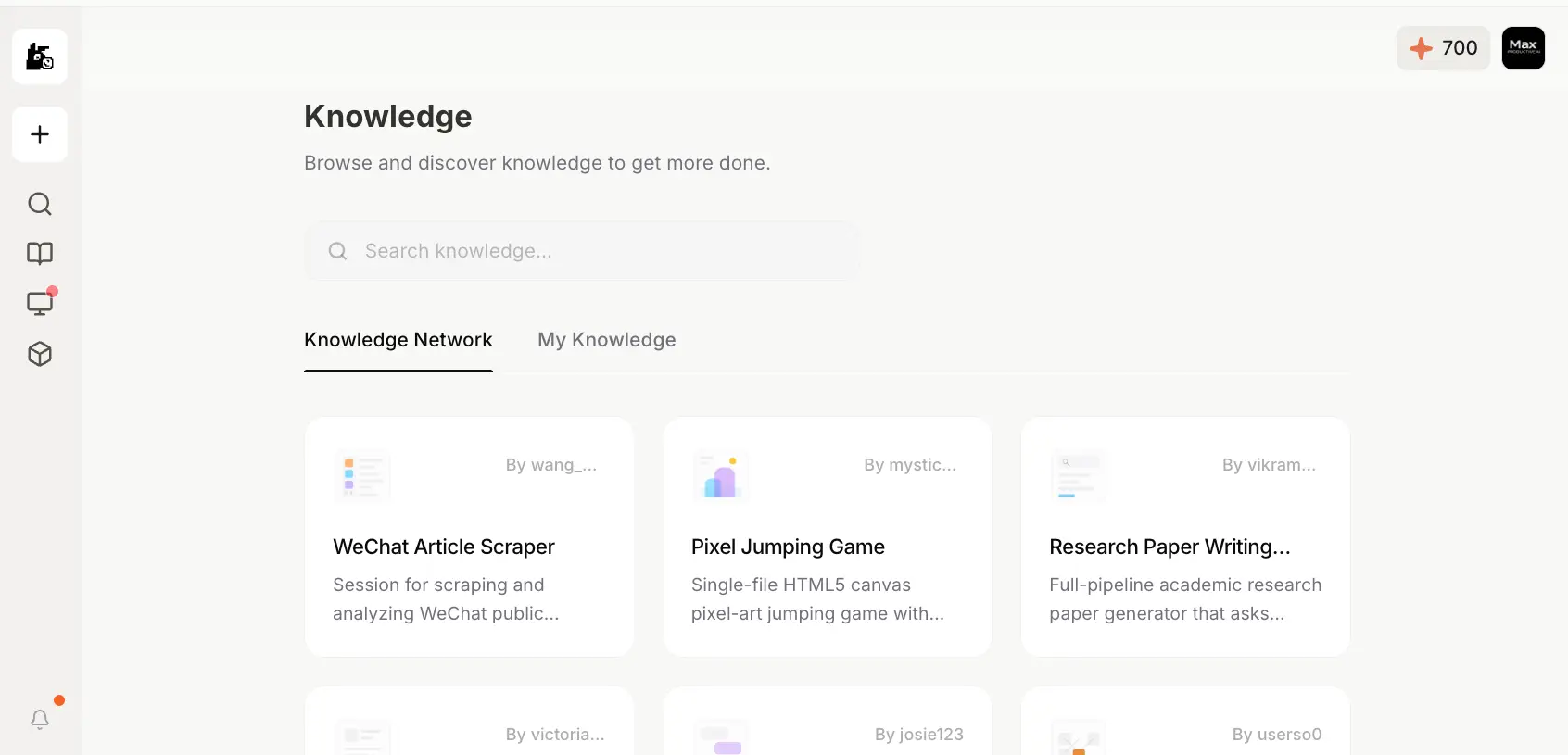 MuleRun Knowledge Network showing community-built AI agents including WeChat scraper, pixel game builder, and research paper generator