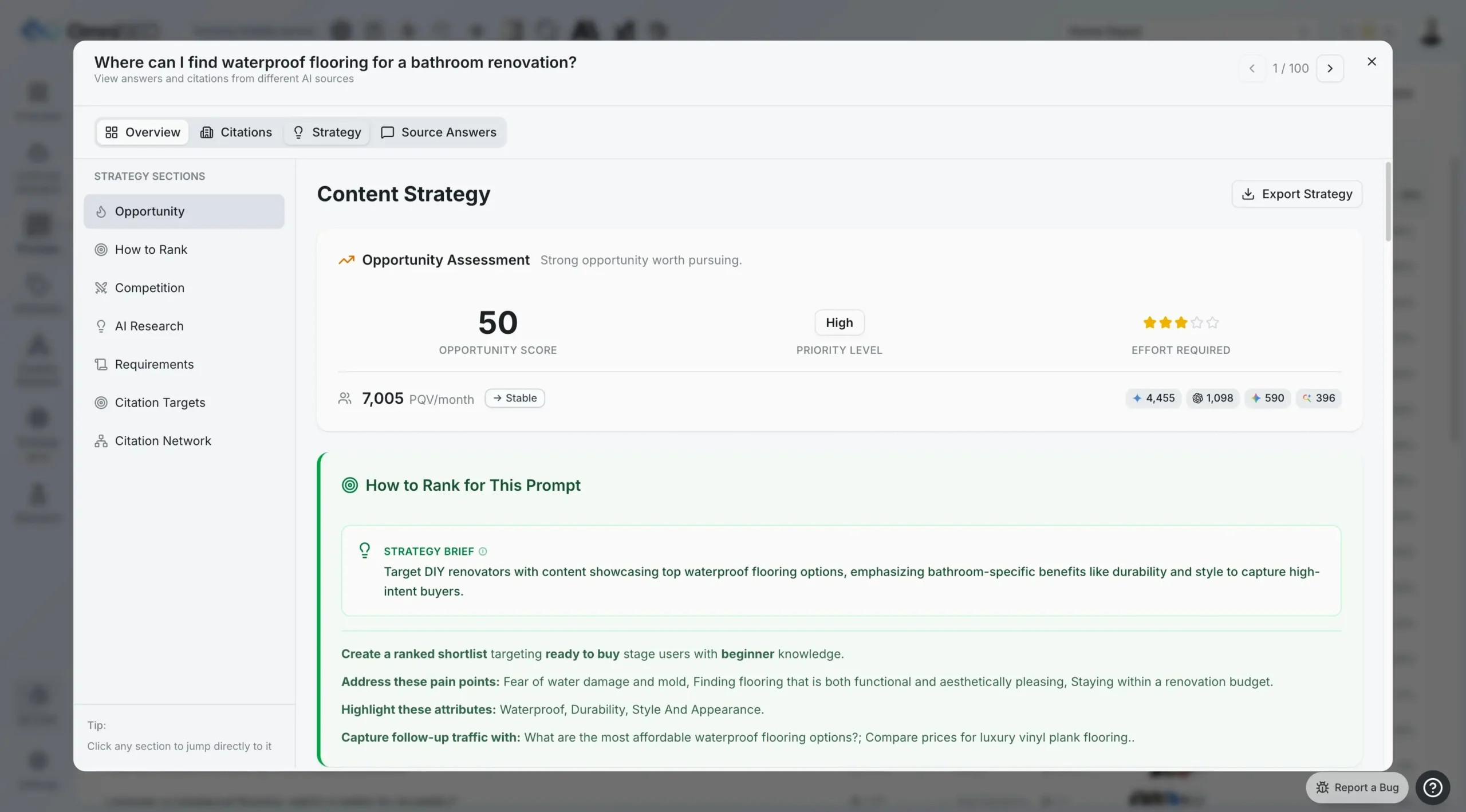 OmniSEO content strategy panel showing opportunity score 50, priority level High, strategy brief targeting DIY renovators, and follow-up prompt recommendations