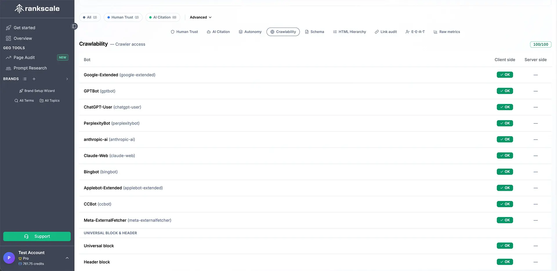 Rankscale AI review — page audit showing AI crawlability results with 100/100 score, listing GPTBot, PerplexityBot, ClaudeBot, and other AI crawlers with OK status