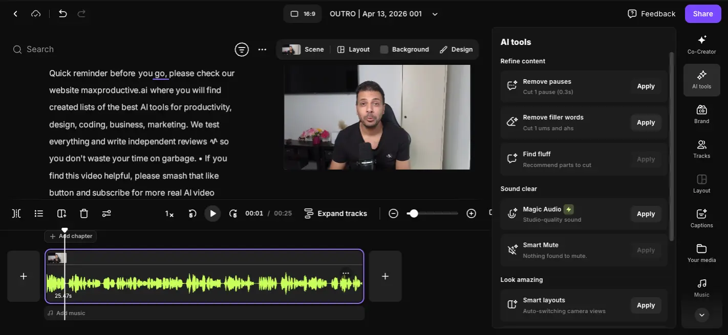 Riverside AI tools panel showing Remove pauses, Remove filler words, Find fluff, Magic Audio, Smart Mute, and Smart Layouts