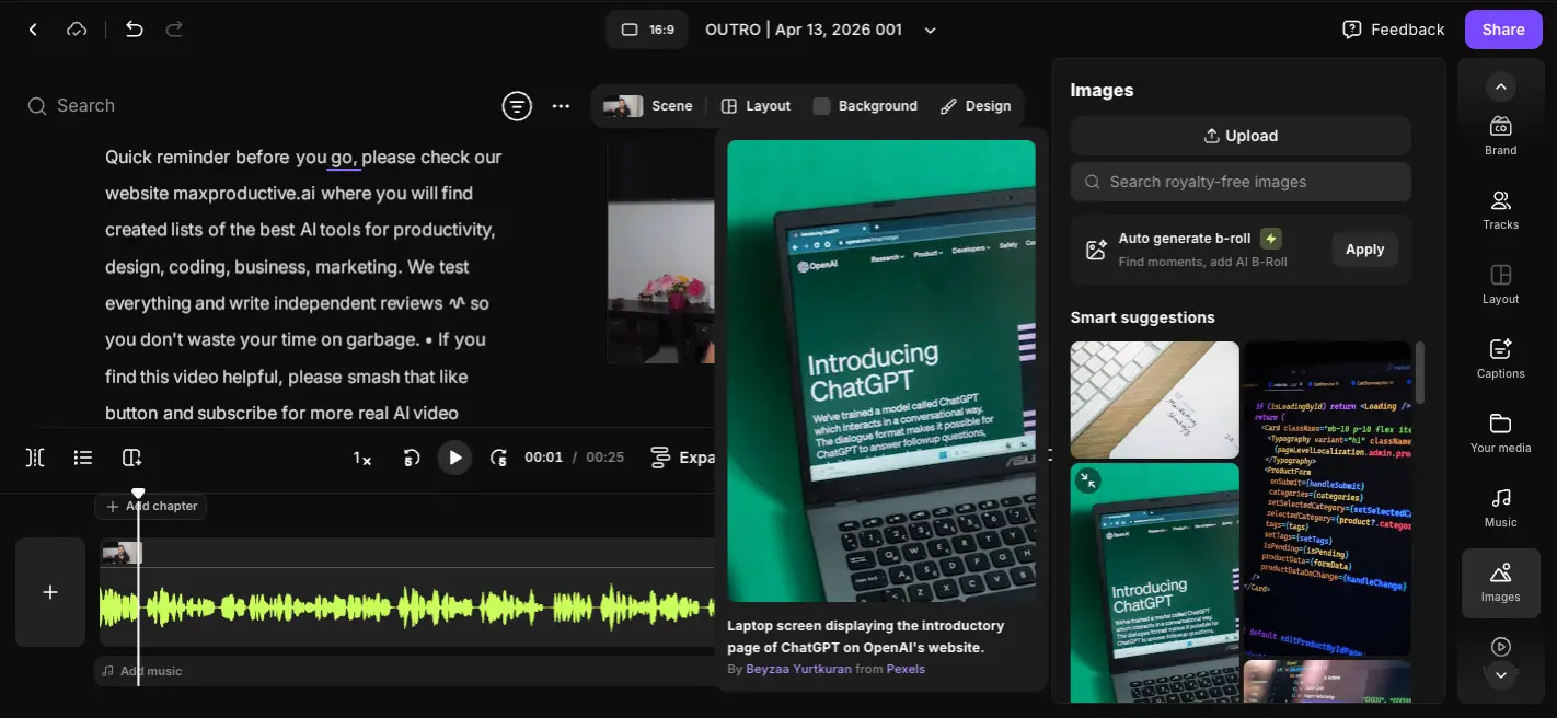 Riverside Images panel with auto-generate B-roll feature, royalty-free image search from Pexels, and smart suggestions
