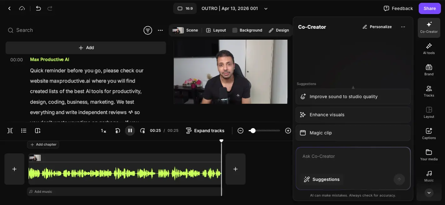 Riverside Co-Creator panel with suggestions for Improve sound to studio quality, Enhance visuals, and Magic clip, plus Ask Co-Creator chat input