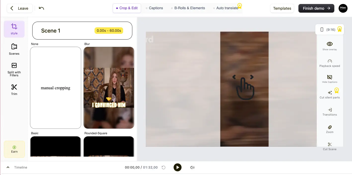SendShort AI video editor showing Crop and Edit, Captions, B-Rolls and Elements, and Auto translate tabs with scene editing panel