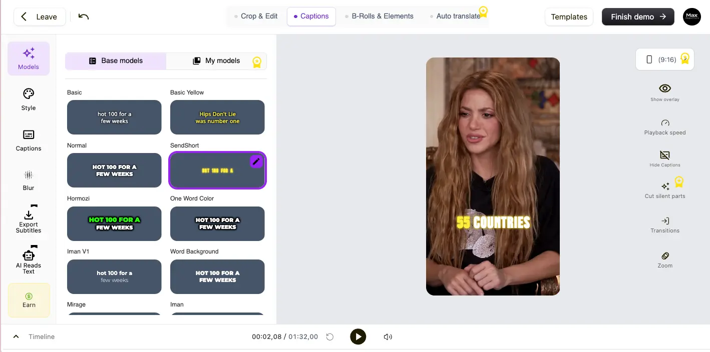 SendShort caption styles editor showing Base models including Basic, Basic Yellow, Normal, SendShort, Hormozi, One Word Color, Iman V1, Word Background, and Mirage styles