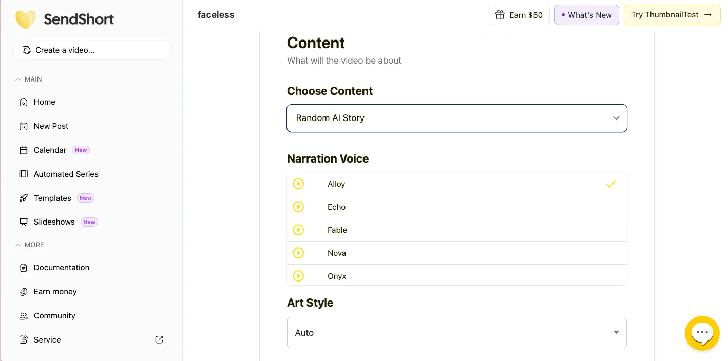 SendShort faceless video generator showing content type selection, narration voice options including Alloy, Echo, Fable, Nova, and Onyx, and Art Style settings