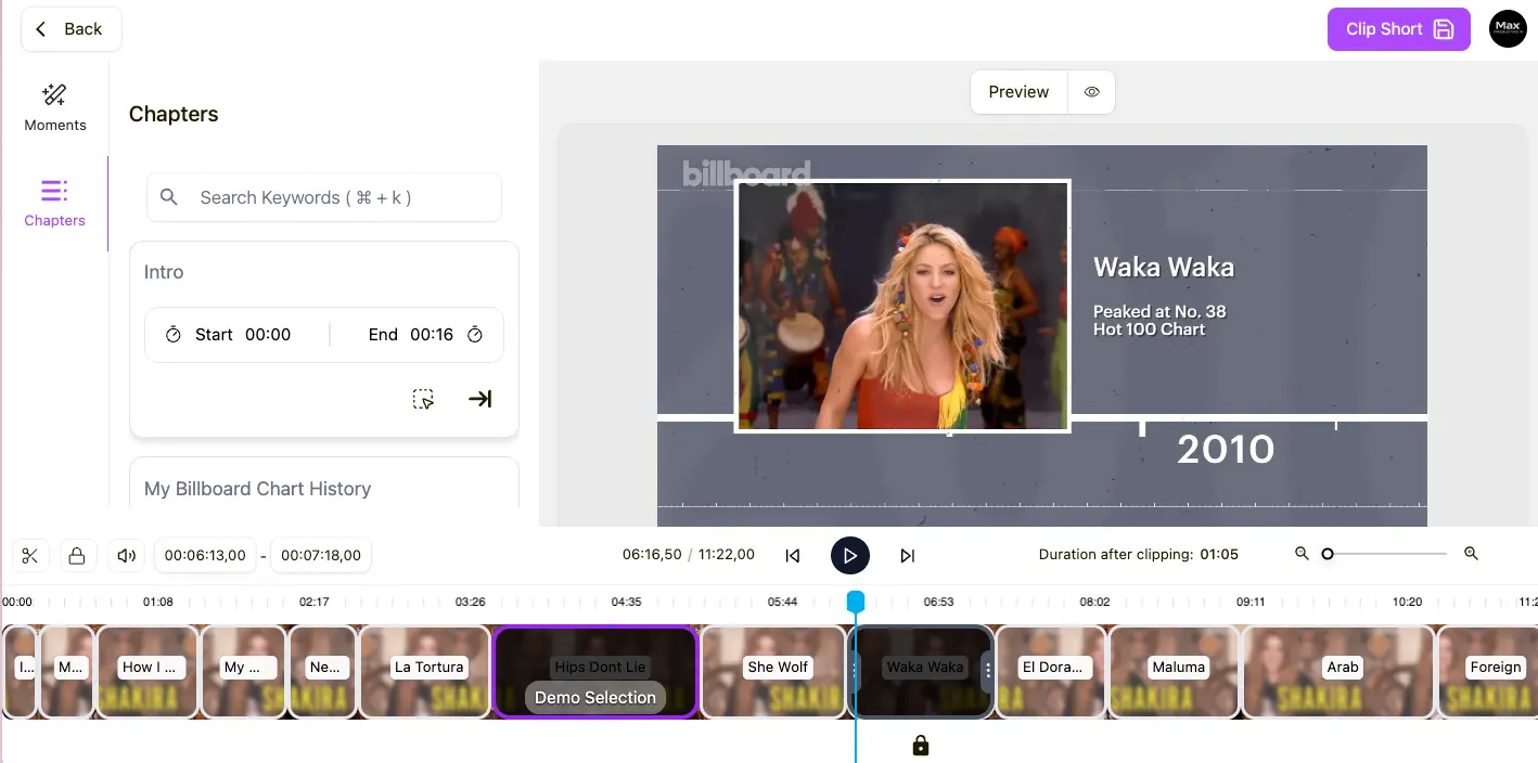 SendShort long video clipping interface showing chapters panel with timeline, Moments and Chapters tabs, search keywords, and clip selection with duration indicator