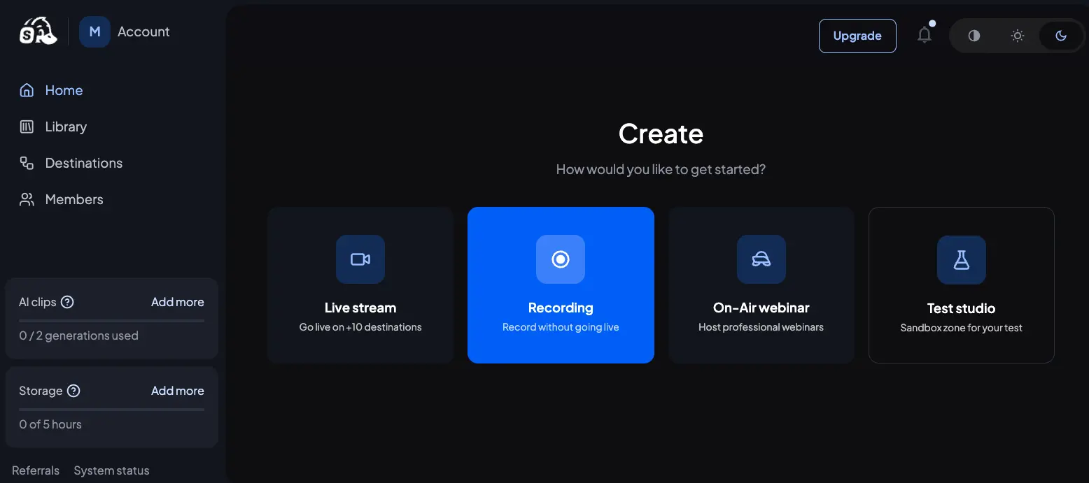 StreamYard dashboard showing Live stream, Recording, On-Air webinar, and Test studio options