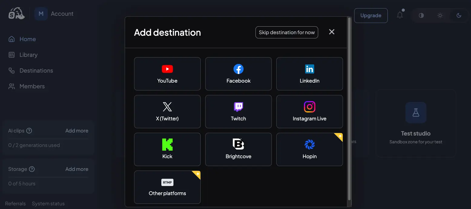 StreamYard add destination modal showing YouTube, Facebook, LinkedIn, X, Twitch, Instagram Live, Kick, Brightcove, Hopin, and custom RTMP options