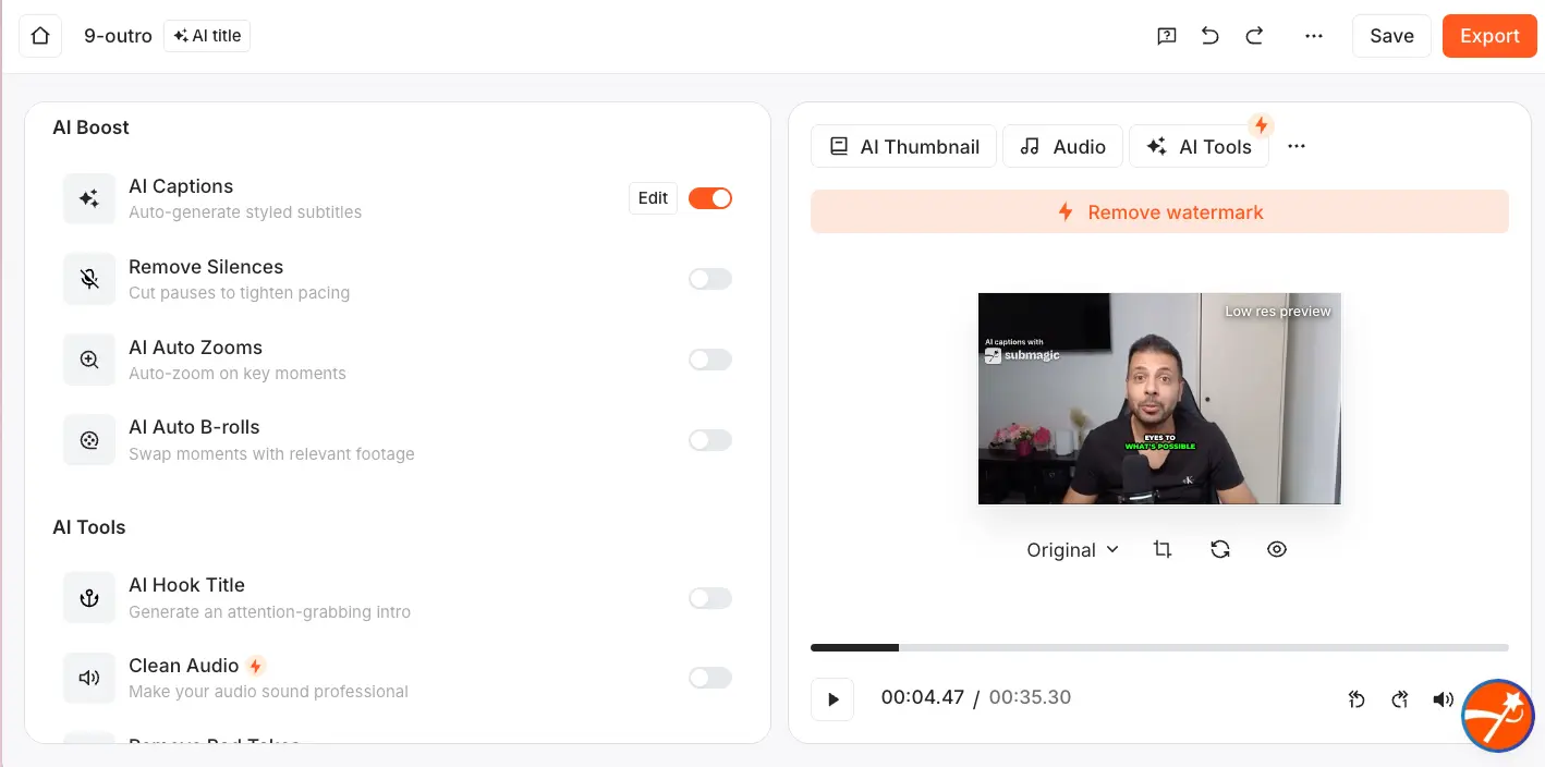 Submagic AI Boost panel showing toggles for AI Captions, Remove Silences, AI Auto Zooms, AI Auto B-rolls, AI Hook Title, and Clean Audio