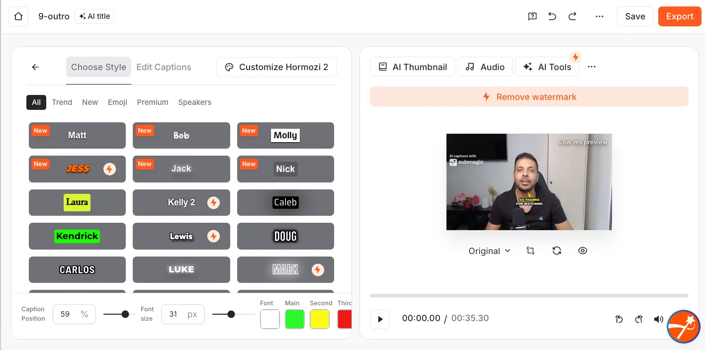 Submagic caption style editor showing dozens of animated caption templates with font, color, and position customization
