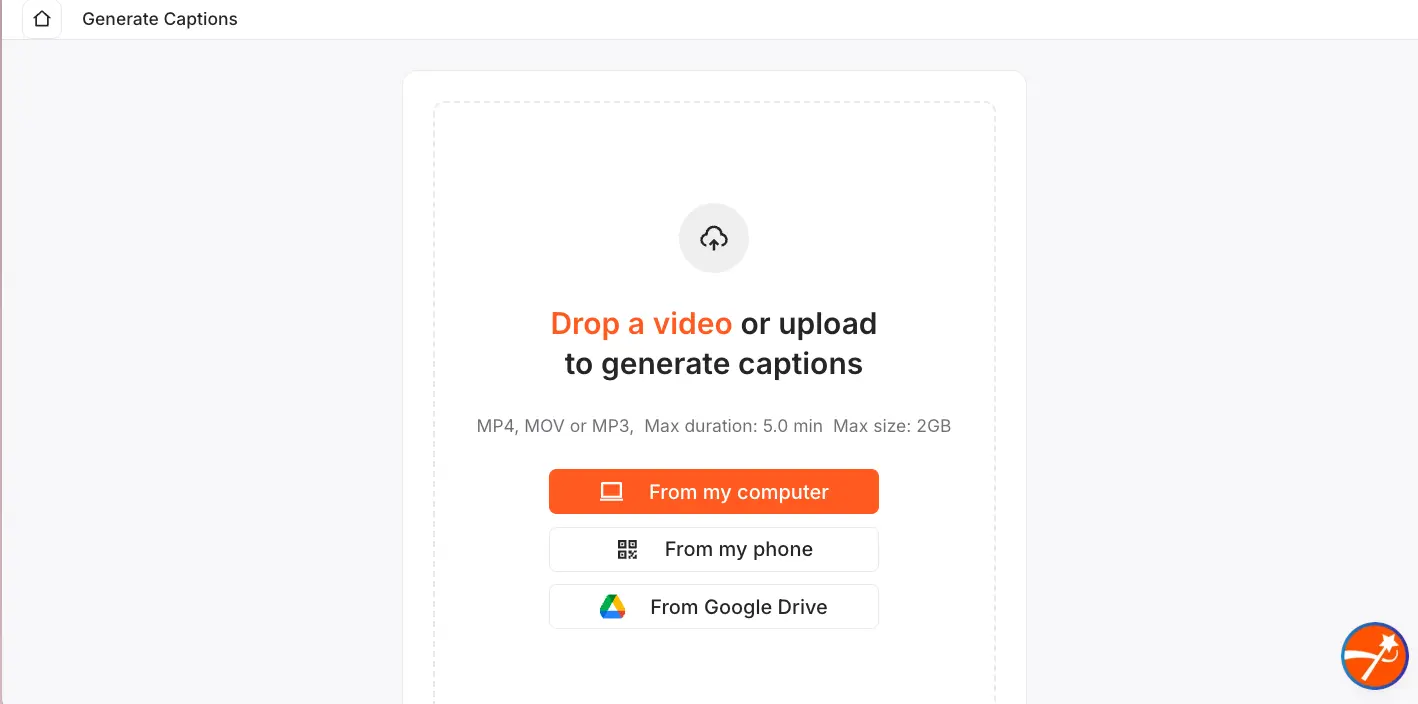 Submagic upload interface showing drag-and-drop area with computer, phone, and Google Drive upload options