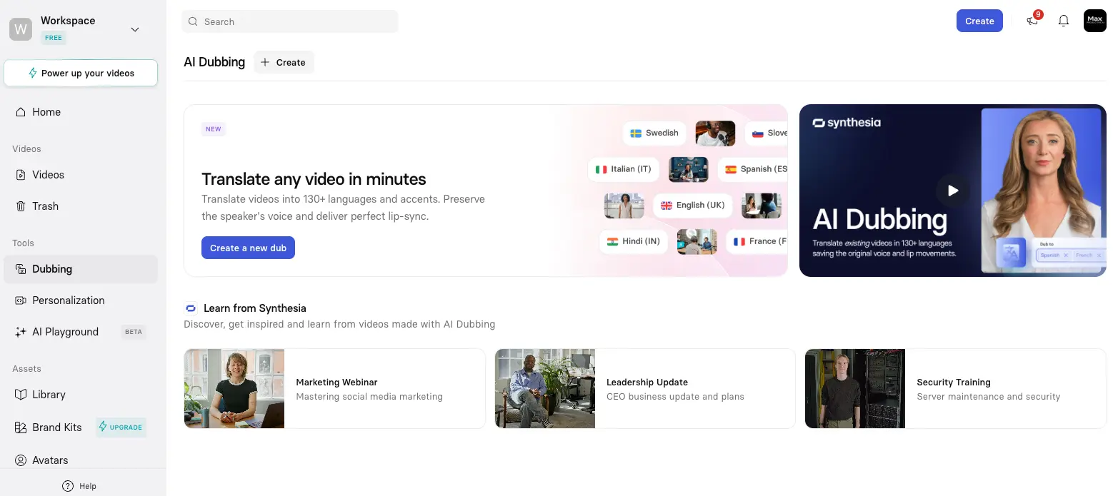 Synthesia AI Dubbing dashboard showing video translation into Swedish, Italian, Spanish, English UK, Hindi, and French