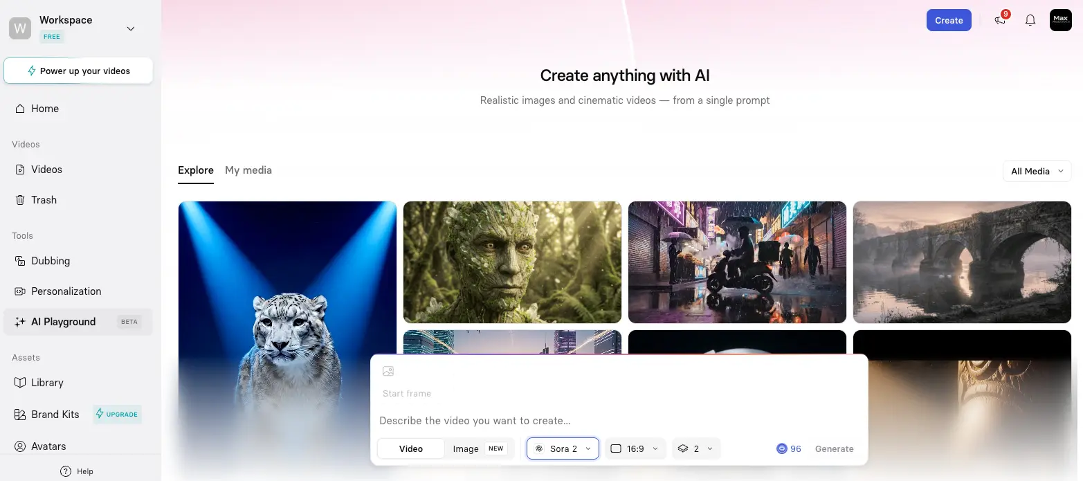 Synthesia AI Playground with Sora 2 model selected, generating cinematic videos and images