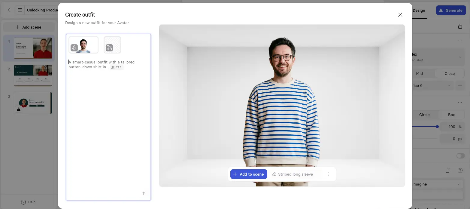 Synthesia Create Outfit interface with avatar in striped long sleeve generated from text prompt