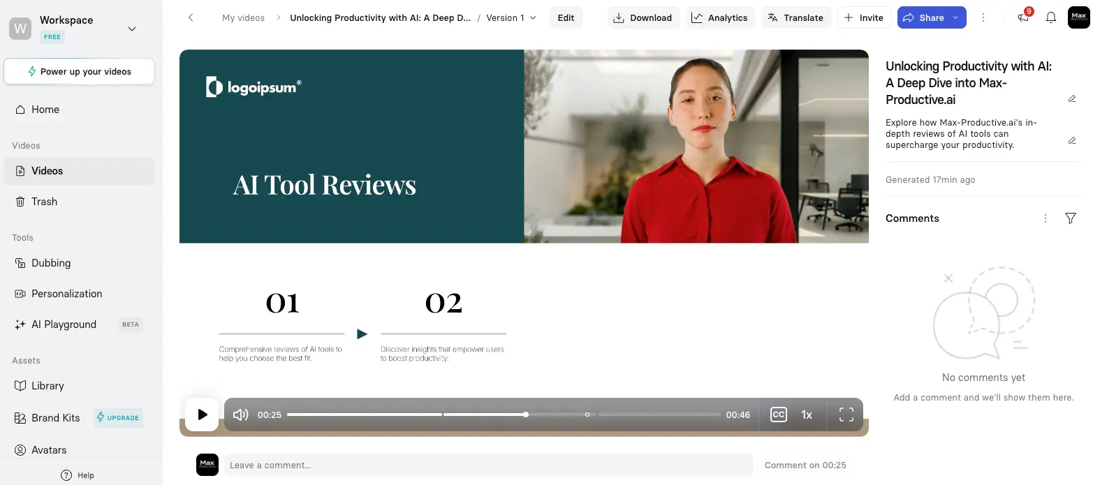 Synthesia video player showing AI Tool Reviews video with Download, Analytics, Translate and Share controls