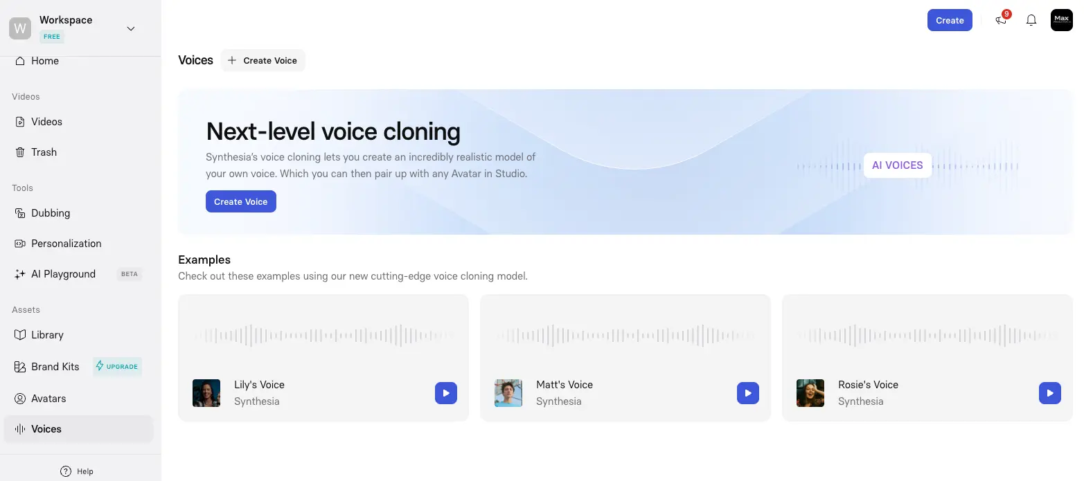 Synthesia voice cloning dashboard with example voices Lily, Matt, and Rosie shown with audio waveforms