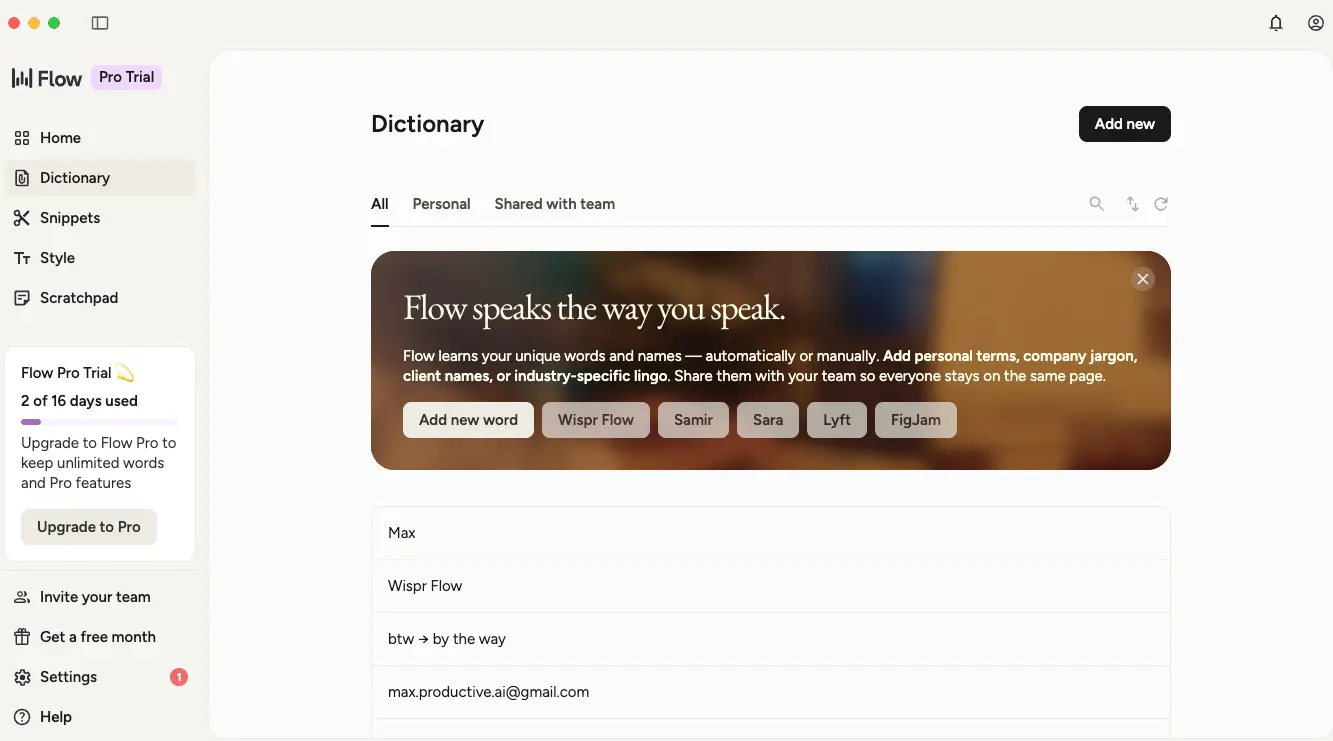 Wispr Flow Custom Dictionary with personal words and text shortcuts