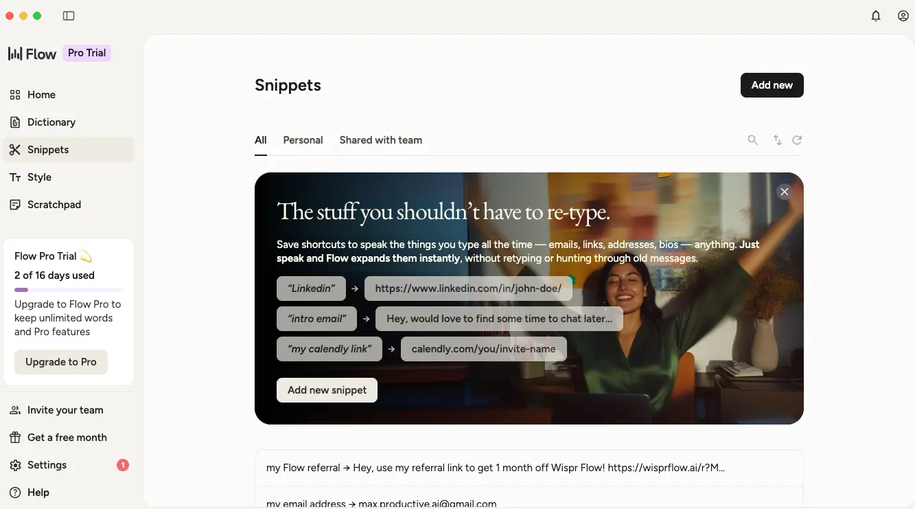 Wispr Flow Snippets feature showing voice-activated text shortcuts