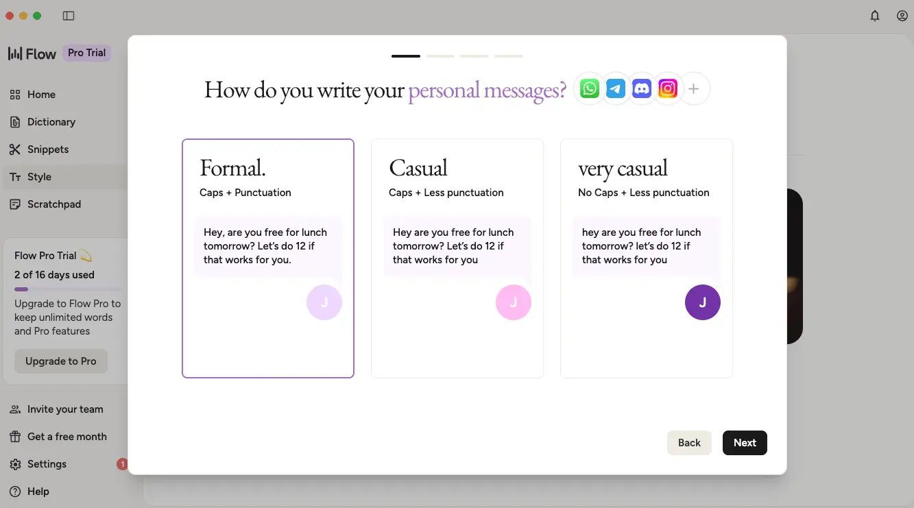 Wispr Flow Style settings showing Formal, Casual, and Very Casual tone options