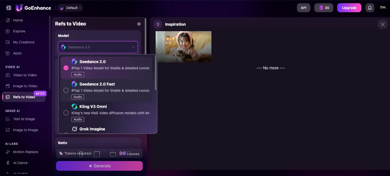 GoEnhance AI Refs to Video model selection dropdown showing Seedance 2.0, Seedance 2.0 Fast, Kling V3 Omni, and Grok Imagine options