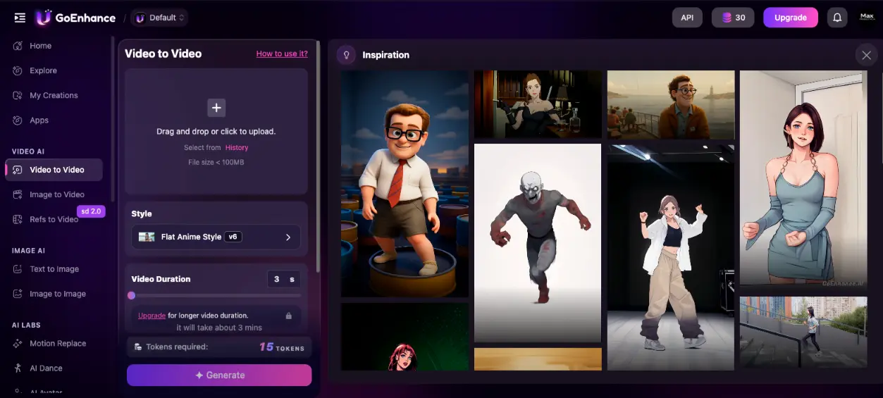 GoEnhance AI Video to Video interface with Flat Anime Style v6 selected, duration slider, and inspiration gallery showing anime-transformed clips
