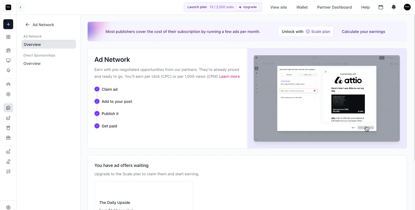 Beehiiv Ad Network dashboard showing pre-negotiated ad offers, payout steps, and Scale plan unlock