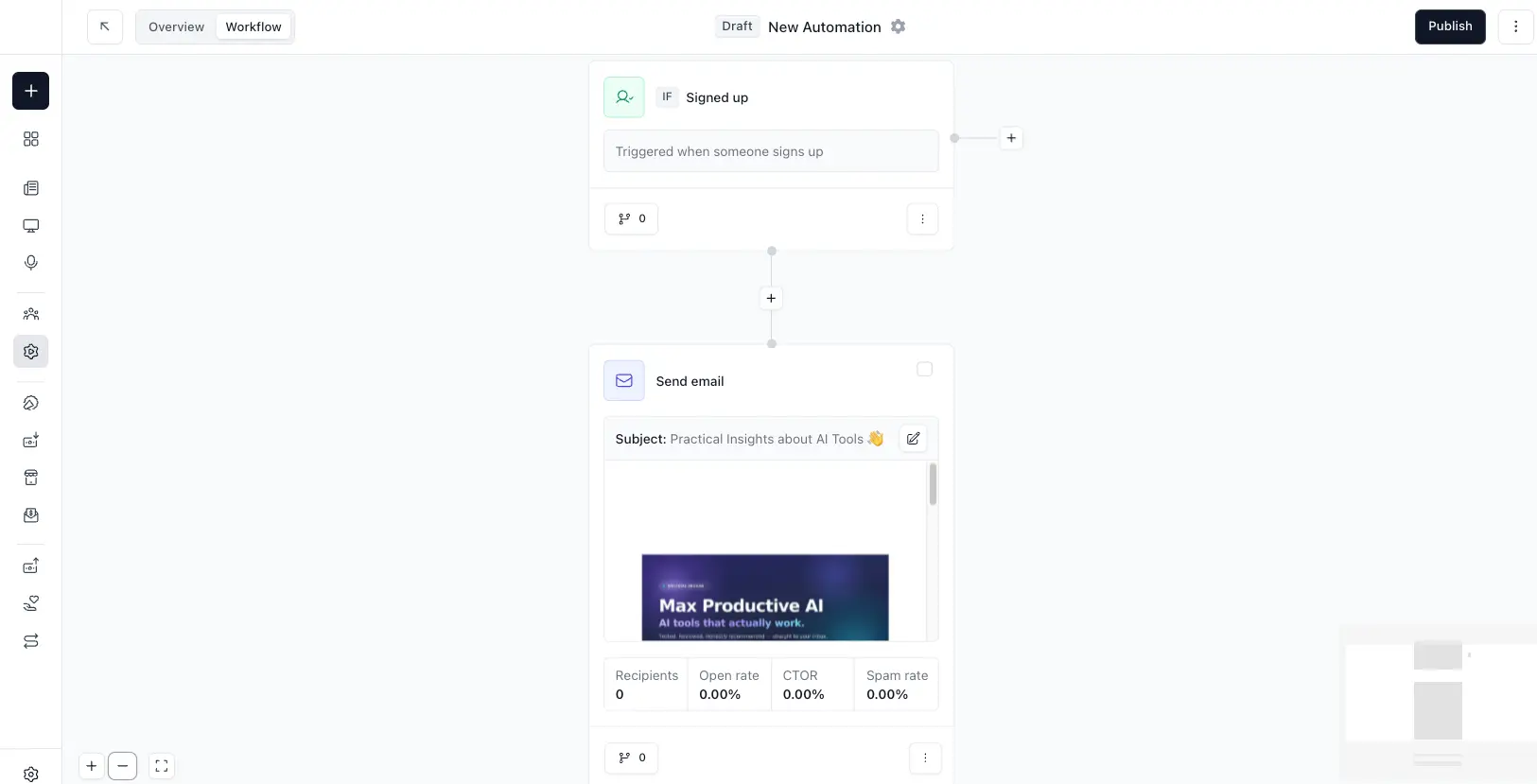 Beehiiv automation workflow editor with a signed-up trigger connected to a welcome email step