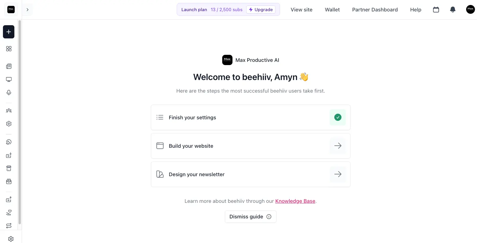 Beehiiv dashboard onboarding checklist with settings, website, and newsletter design steps