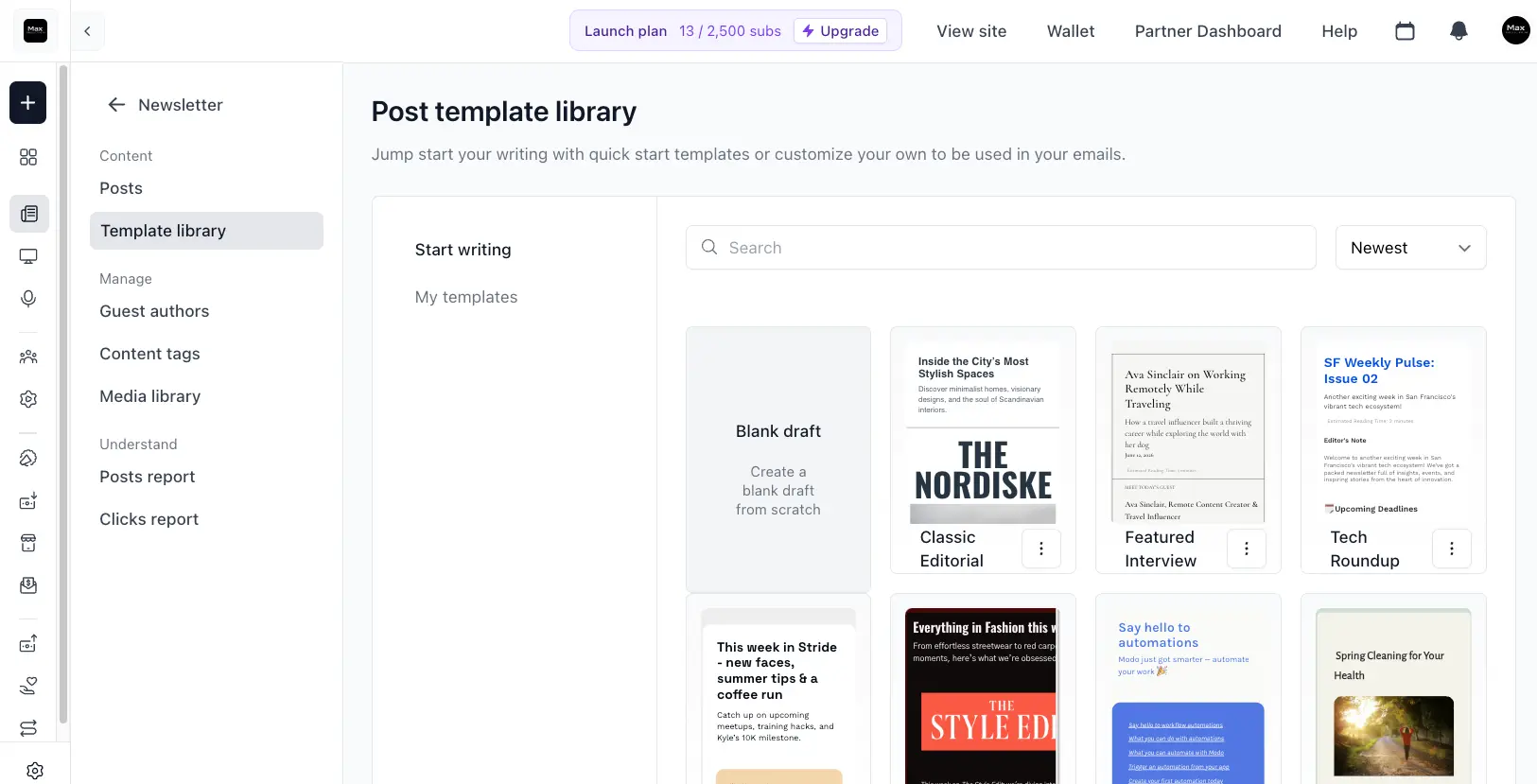 Beehiiv newsletter template library with quick-start post templates and custom template options