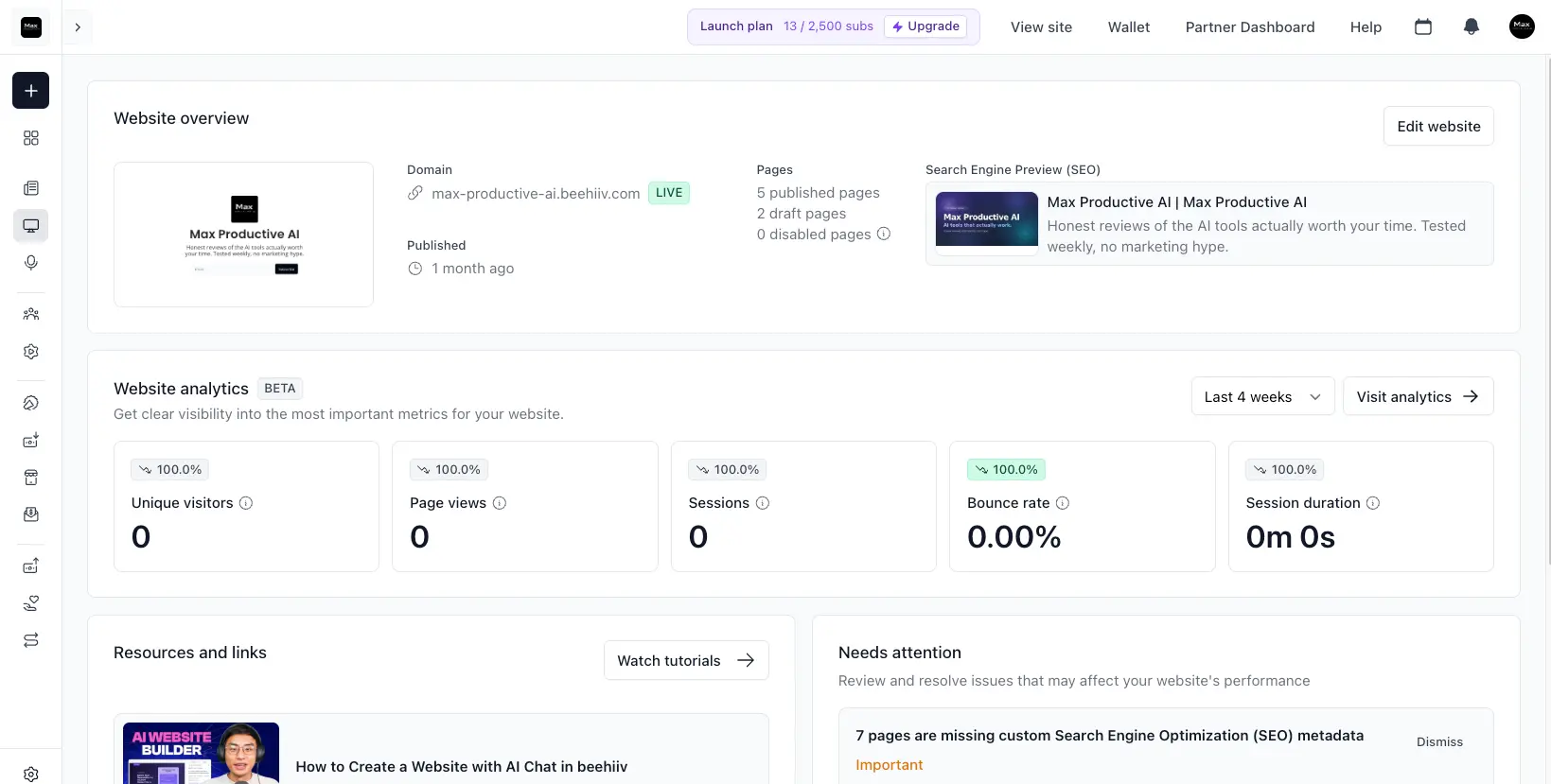 Beehiiv website overview with search engine SEO preview and real-time website analytics