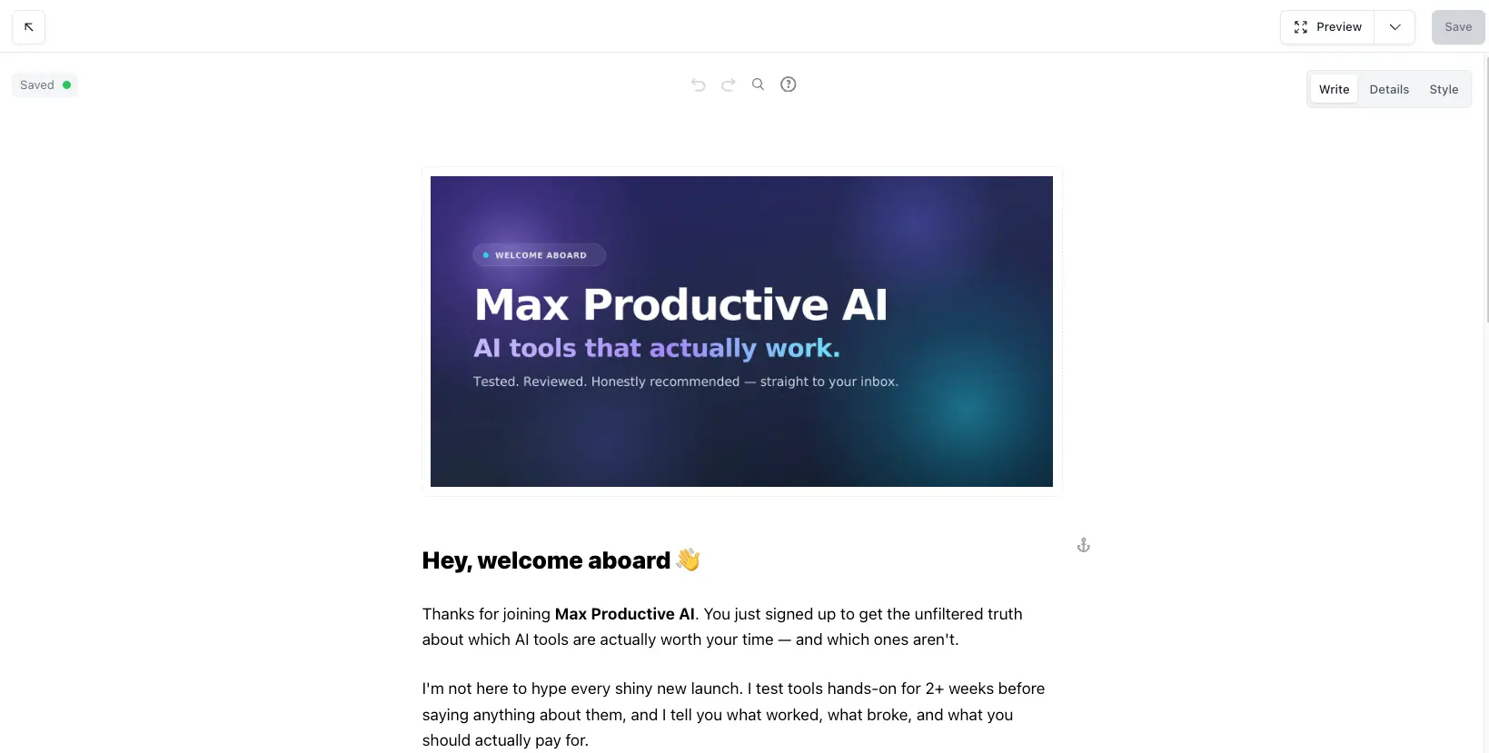 Beehiiv email editor showing a welcome email draft with a branded header image