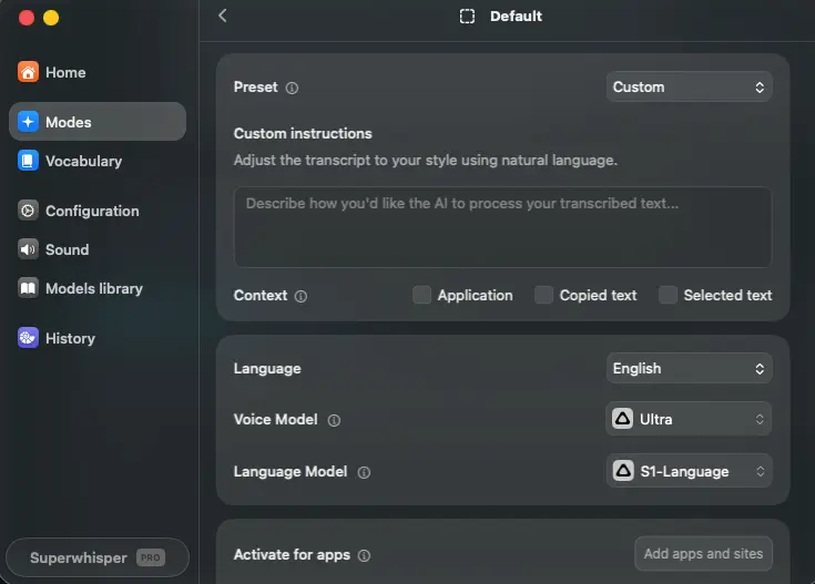 Superwhisper review: custom mode settings with custom instructions field, context options, language, voice model, and language model selectors