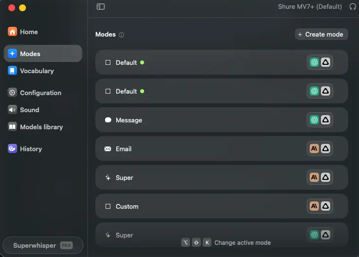 Superwhisper review screenshot: modes list showing Default, Message, Email, Super, and Custom modes with model badges