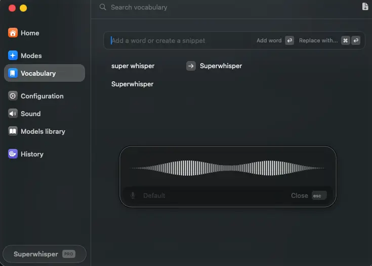 Superwhisper vocabulary screen showing a custom word and a replacement rule mapping super whisper to Superwhisper