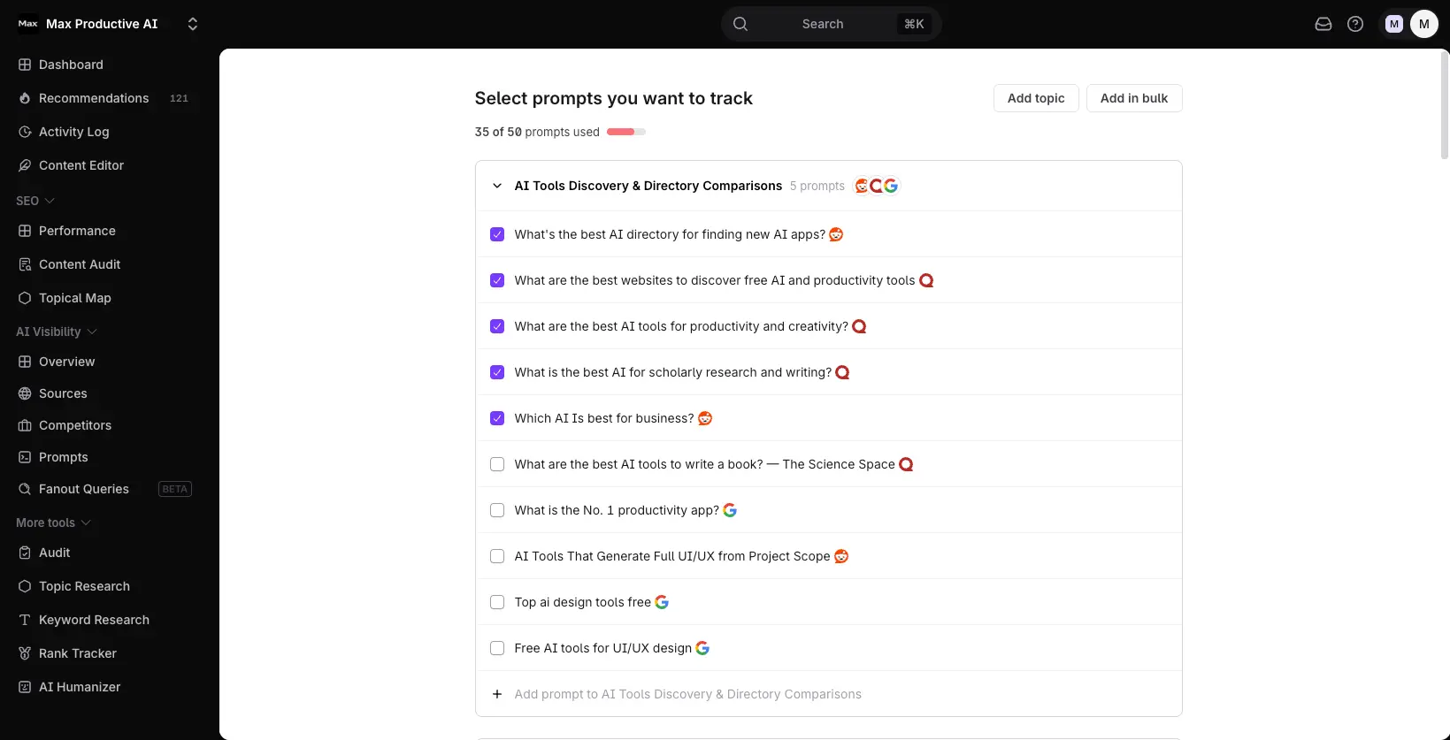 Surfer SEO Select prompts to track screen with prompts grouped by topic and tagged by AI engine
