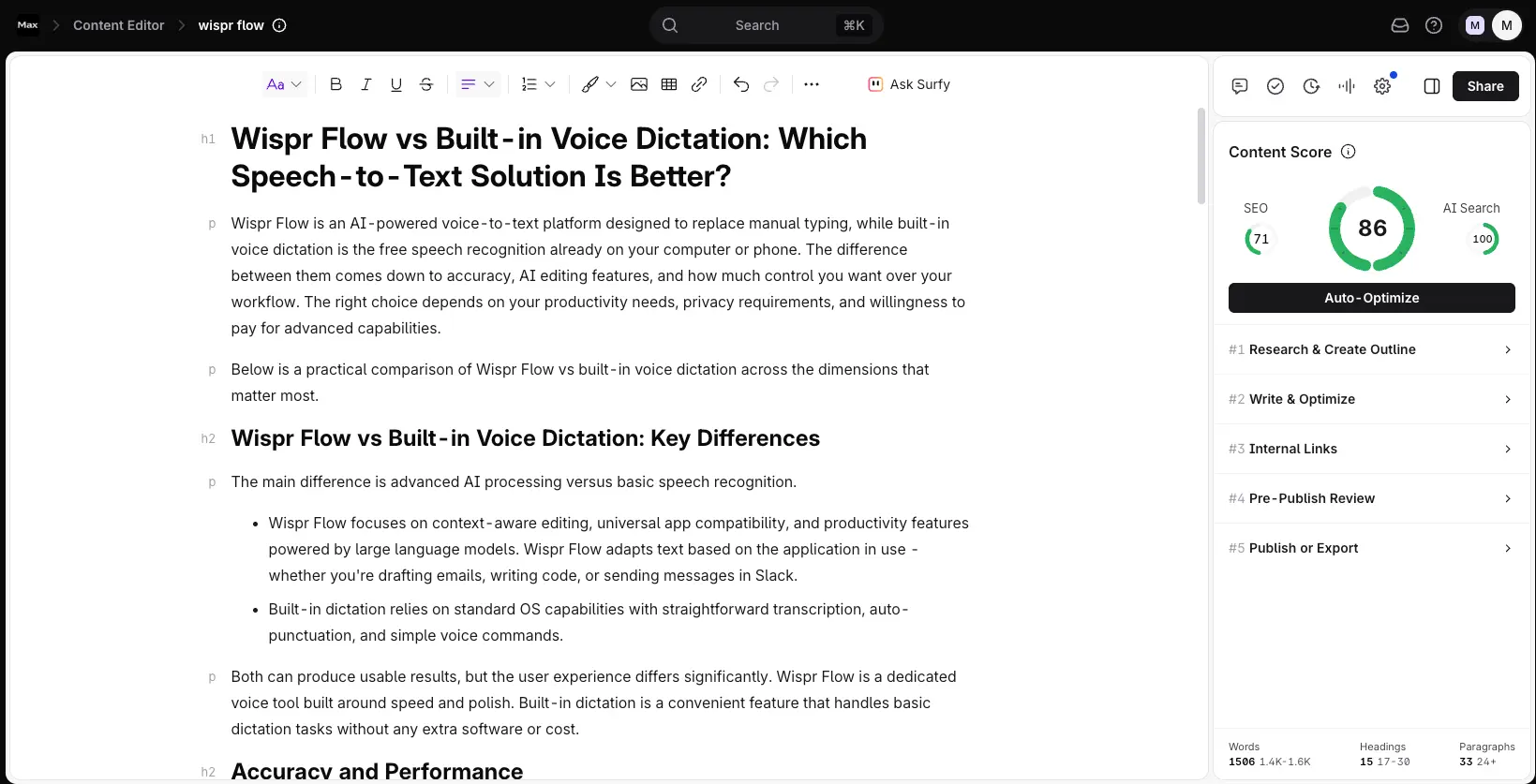 Surfer SEO Content Editor with a live Content Score of 86, separate SEO and AI Search scores, and an Auto-Optimize button