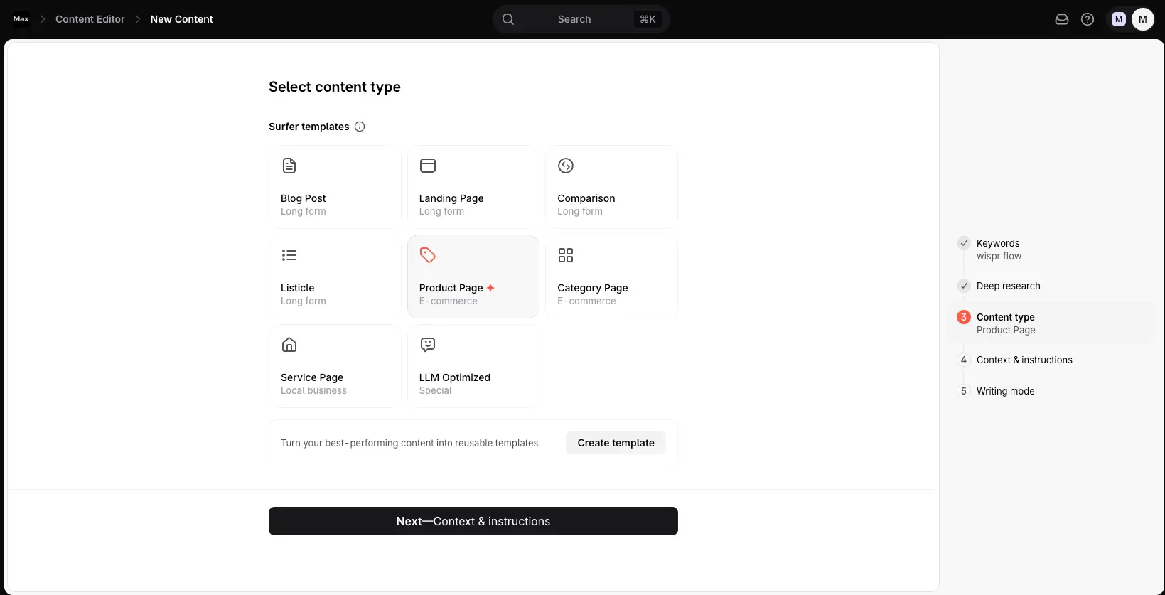 Surfer SEO Select content type screen with Blog Post, Landing Page, Comparison, Product Page, and LLM Optimized templates