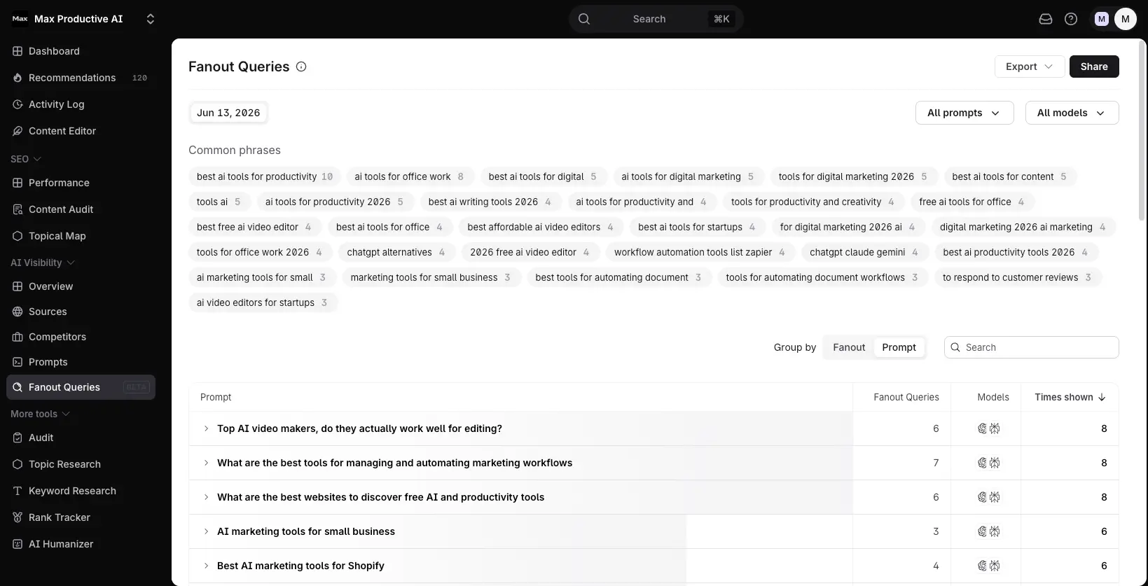 Surfer SEO Fanout Queries with a common phrases cloud and prompts showing how many sub-queries each expands into
