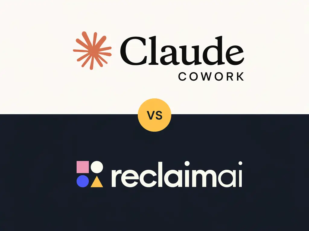 Claude Cowork vs Reclaim AI split comparison graphic showing both logos