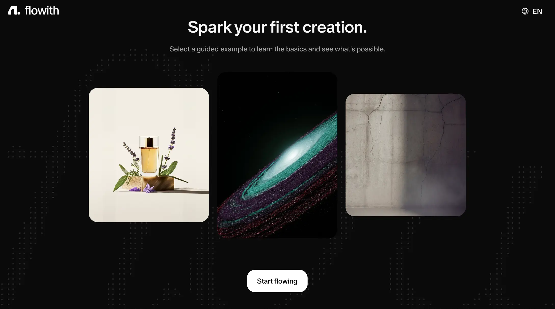 Flowith AI guided onboarding screen with example creations and Start flowing button