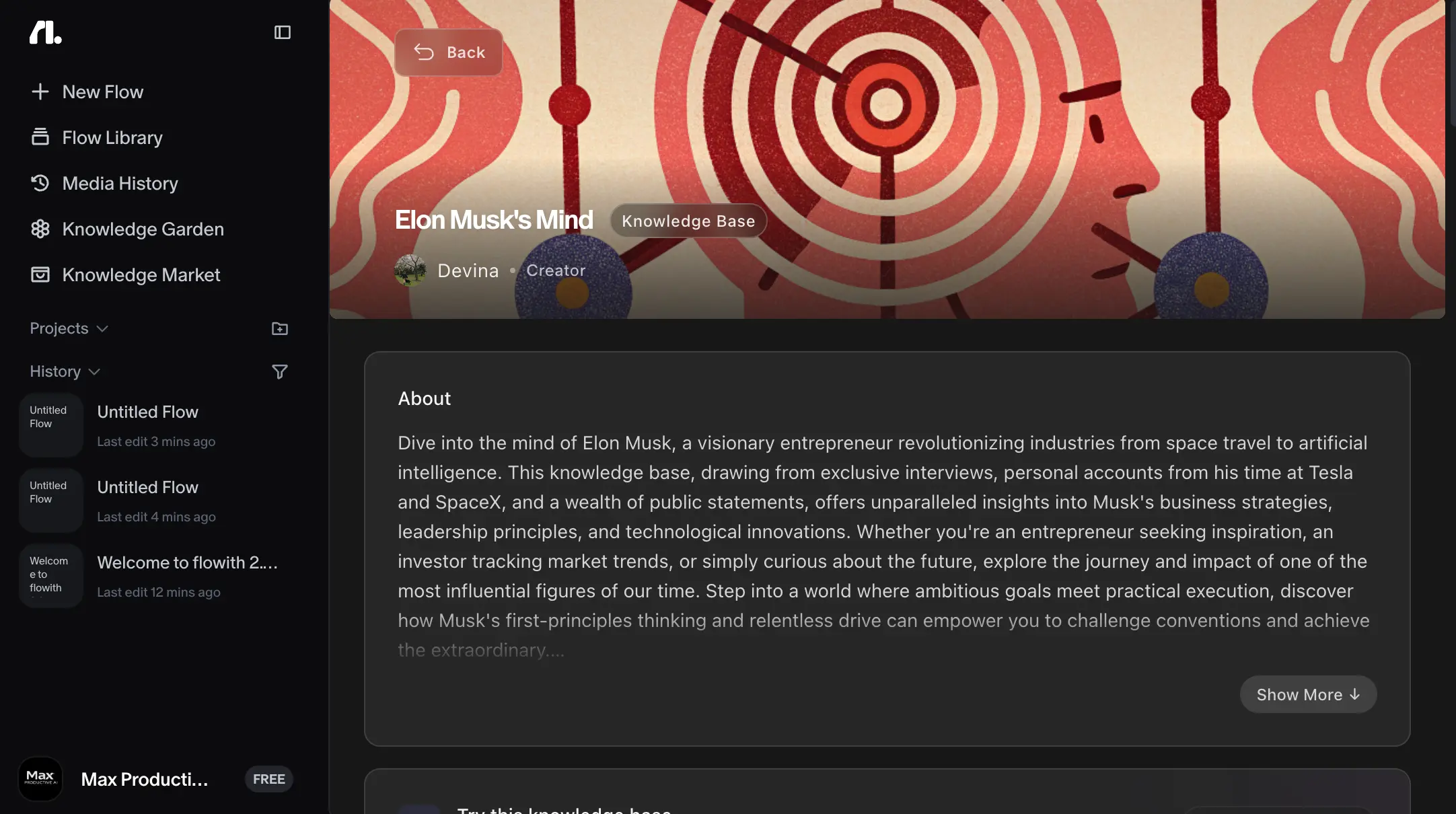 Flowith AI Knowledge Garden showing a community-published knowledge base with About section