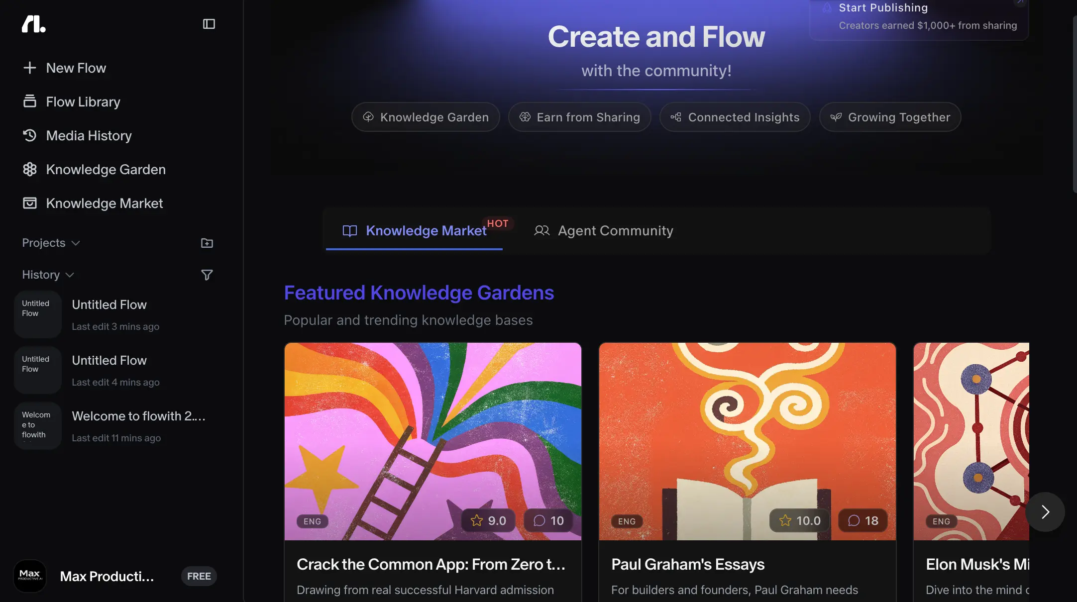 Flowith AI Knowledge Market community hub with featured knowledge gardens and creator earnings banner