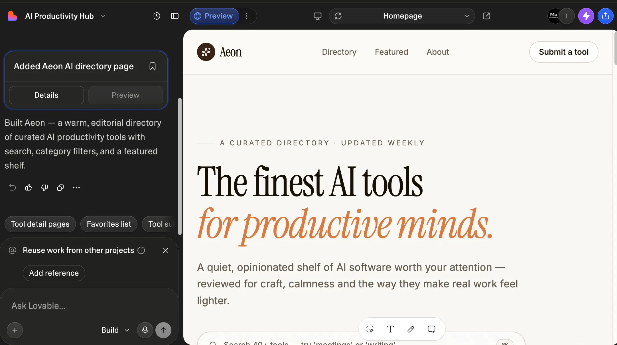 Lovable AI generating a curated AI tools directory app with chat panel and live preview
