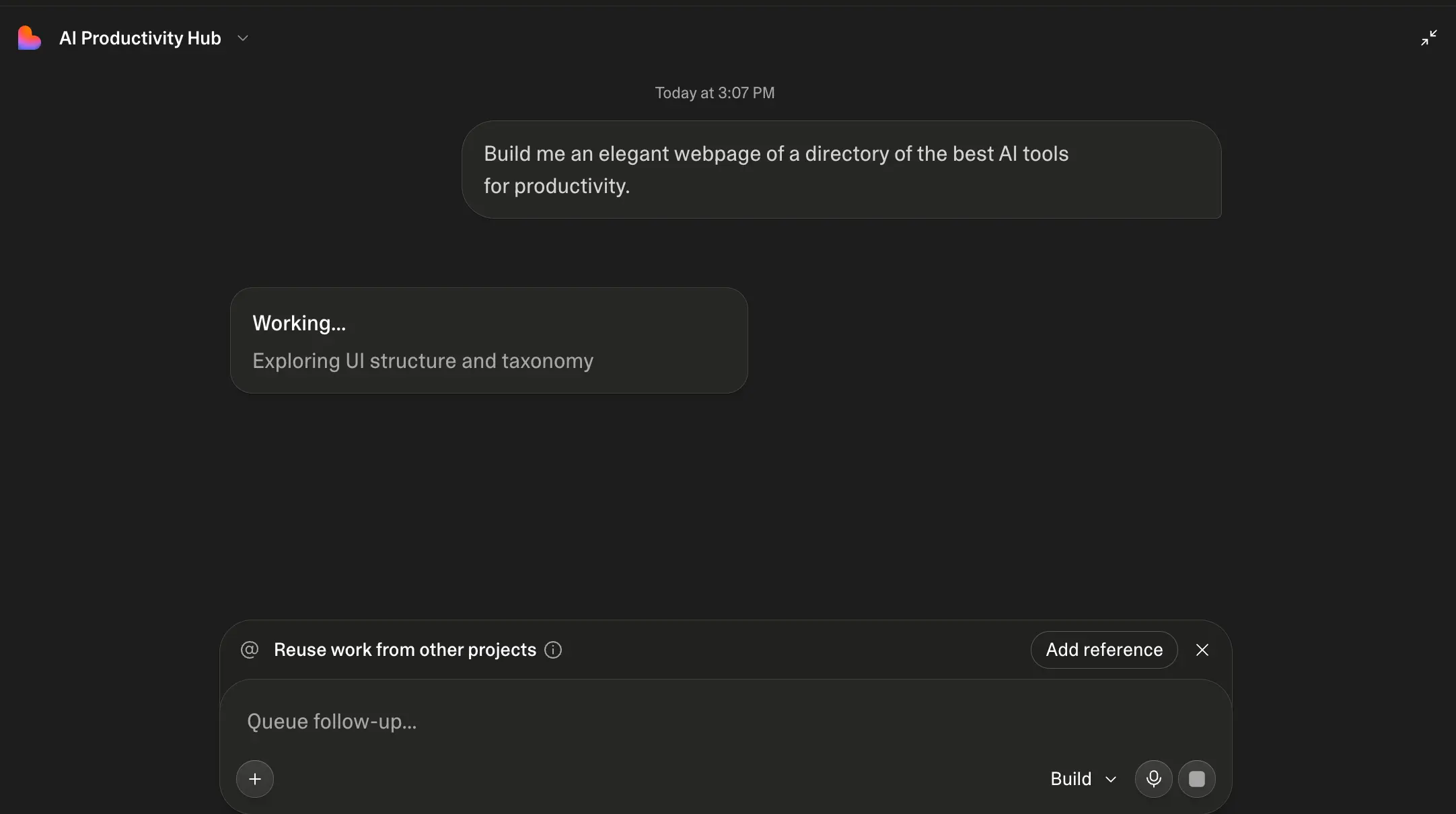 Lovable AI Build mode working on a prompt with live status updates and follow-up queue