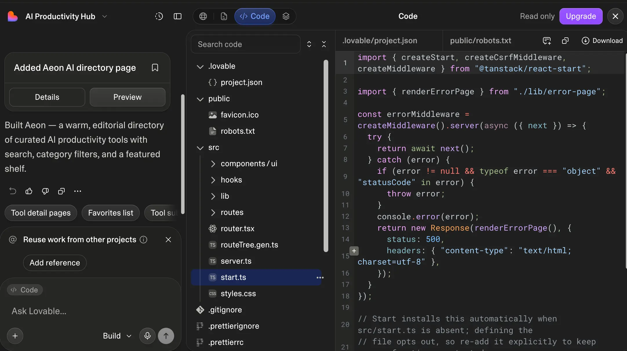 Lovable AI code editor view showing the React TypeScript file tree and generated source code