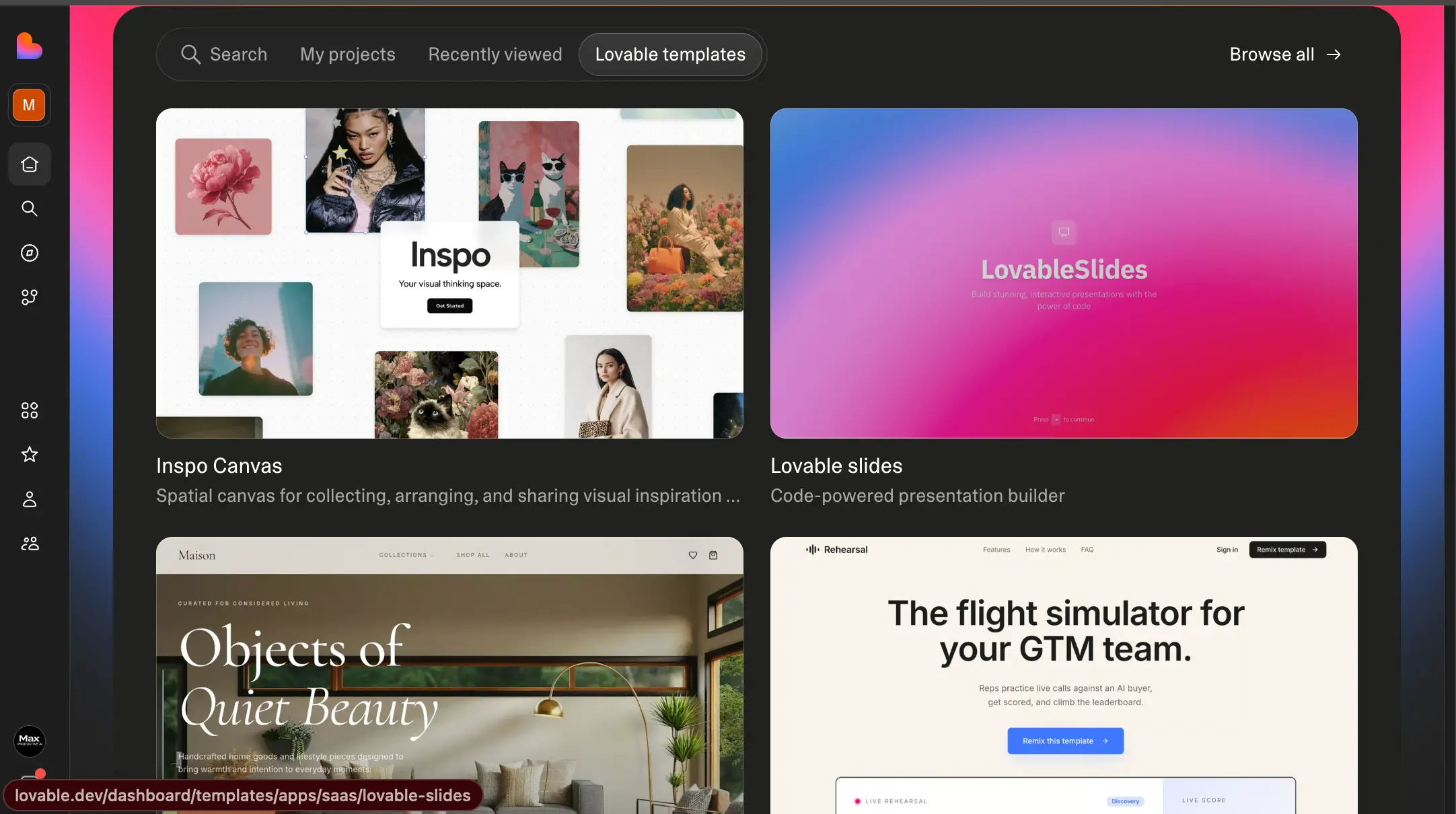 Lovable AI templates gallery with remixable starters including a presentation builder and ecommerce site