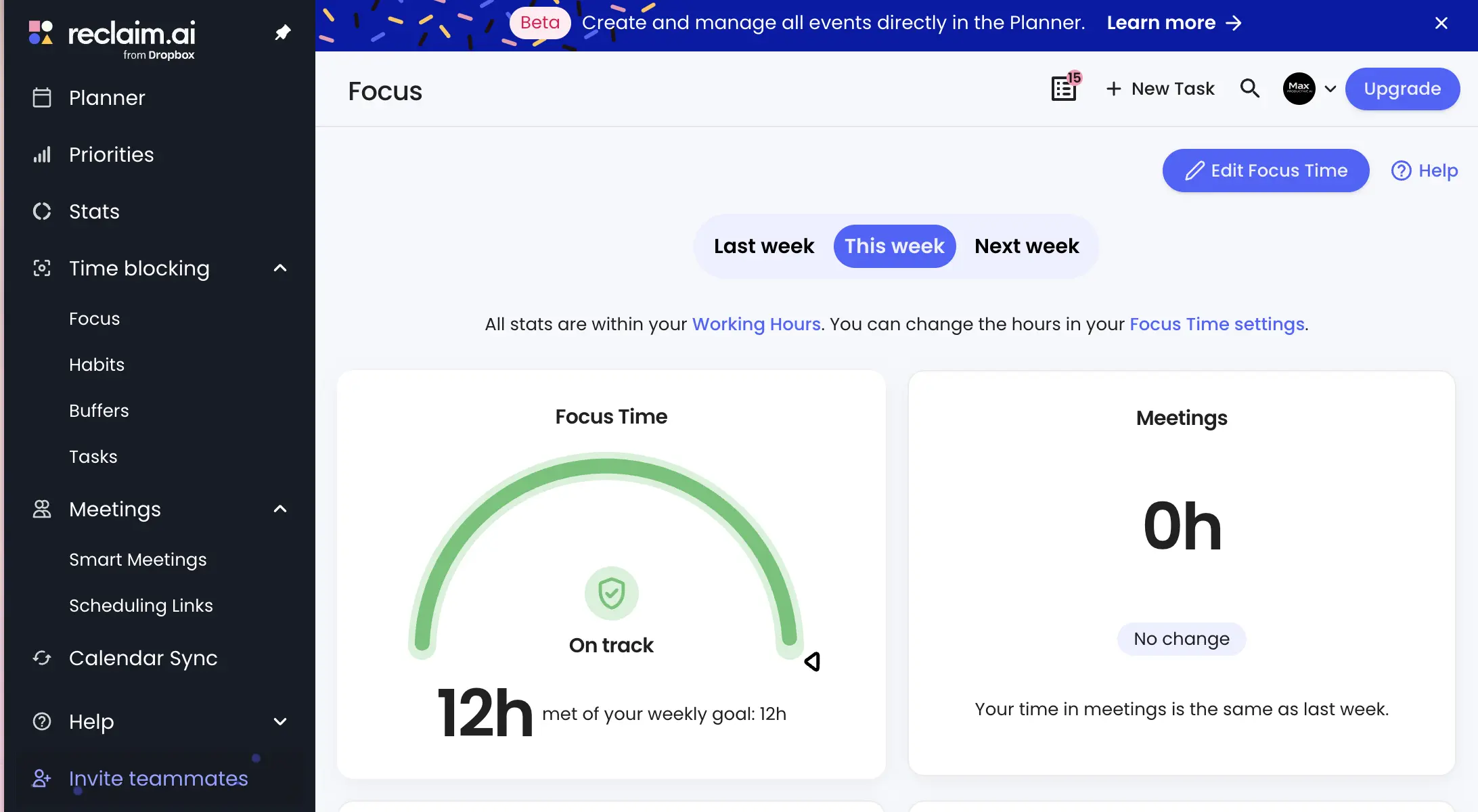 Reclaim AI Focus Time dashboard showing a weekly goal on track and meeting hours compared to last week