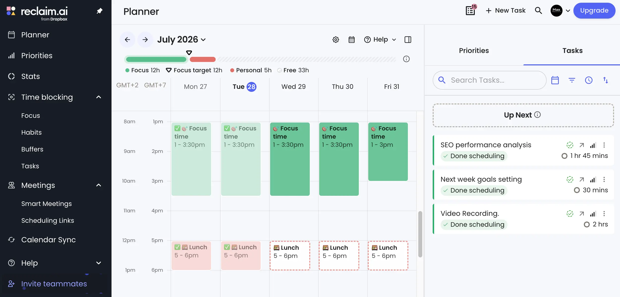 Reclaim.ai planner week view from our own account with auto-scheduled focus time, tasks, and habits